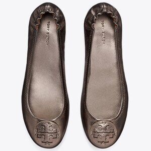 Tory Burch $228 Minnie Leather Ballet Flats Spring Pewter Metallic 9.5 10 11